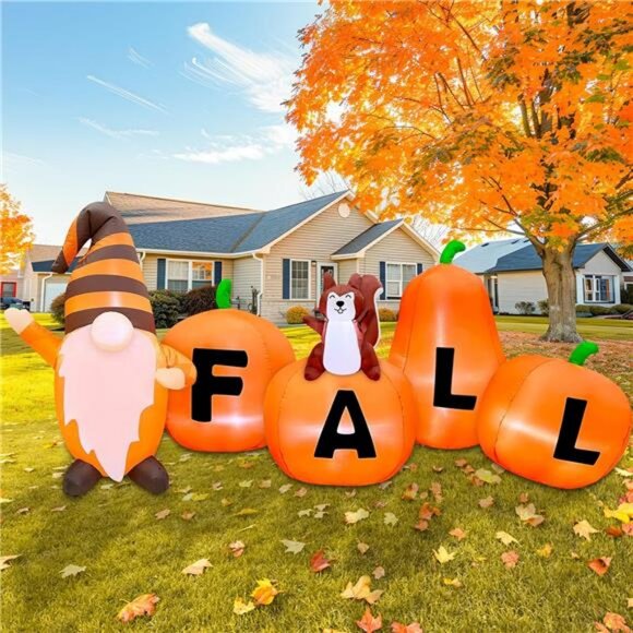 7FT Long Fall Inflatables Pumpkin Outdoor Decoration Pumpkin with Gnome Squirrel - Picture 5 of 7